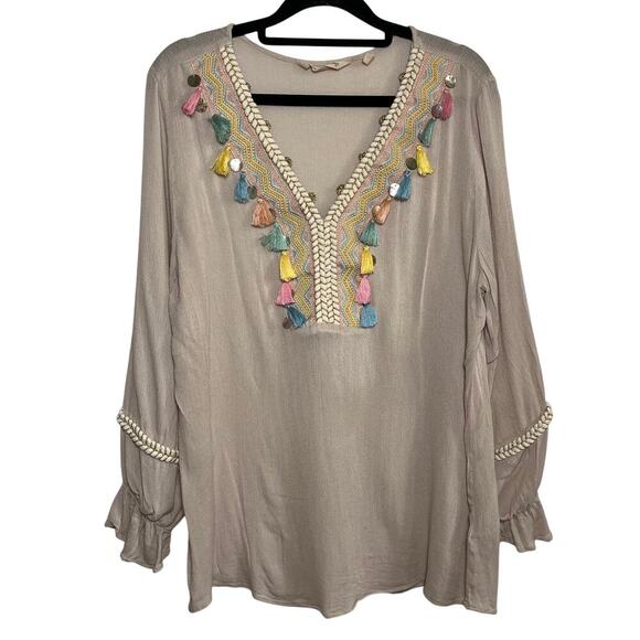 Soft Surroundings Clementine Tassel Tunic Blouse Size Large Pastel Artsy Boho - Picture 2 of 11
